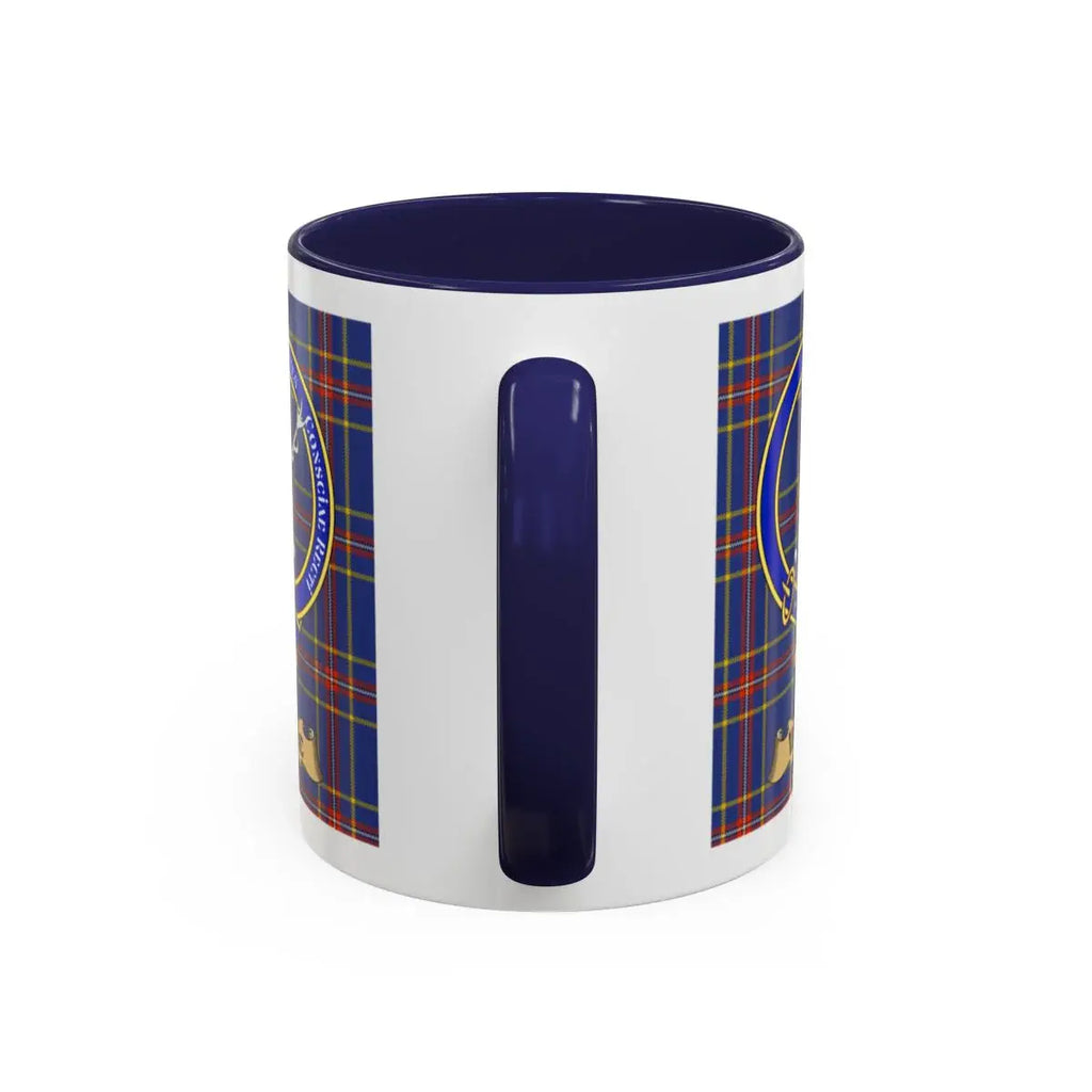 Blue and Plaid Pattern Coffee Mug with Crest Design