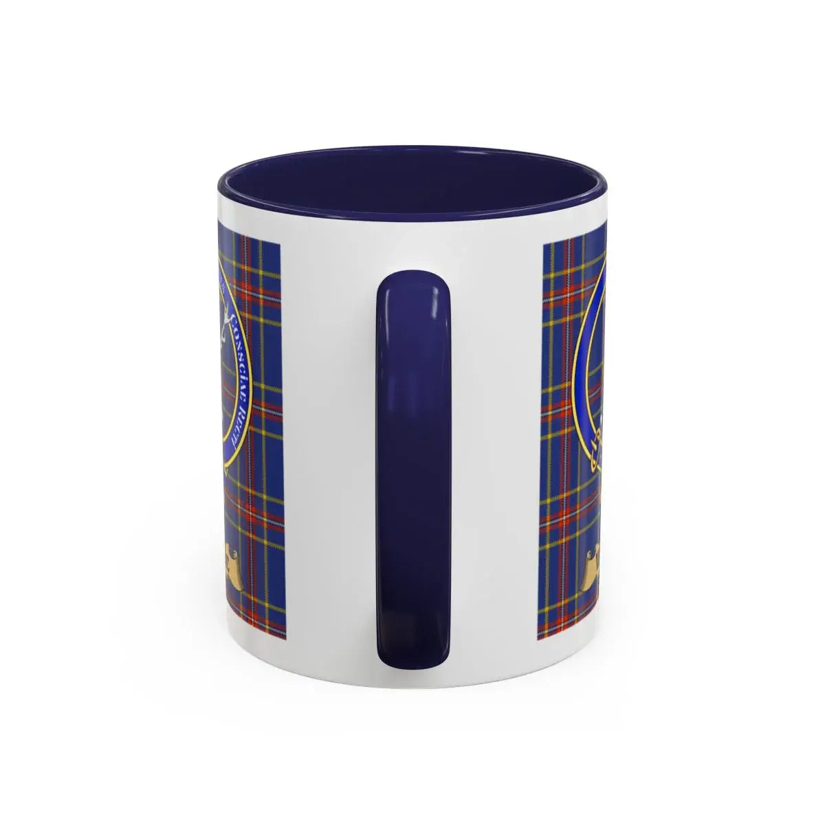 Blue and Plaid Pattern Coffee Mug with Crest Design