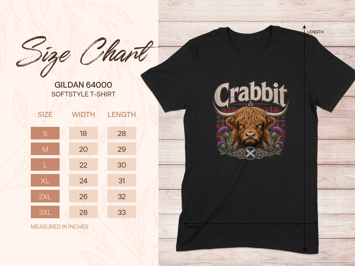 Size chart for Gildan 64000 Softstyle t-shirt with highland cow graphic.