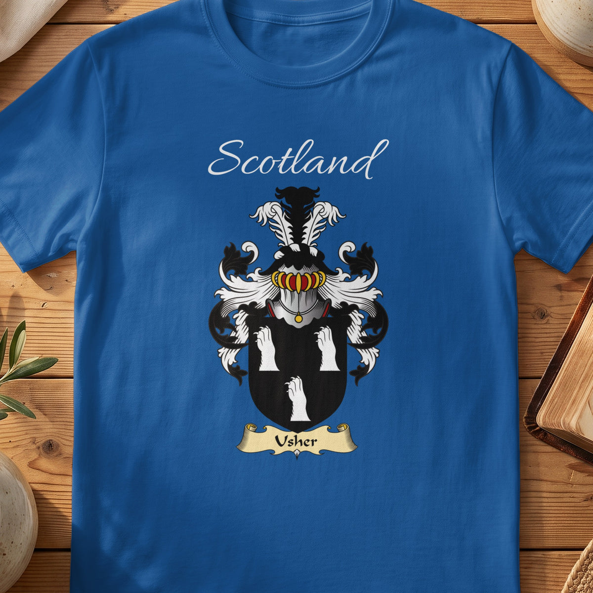 Royal blue Usher unisex heritage T-shirt with the family shield and surname design.