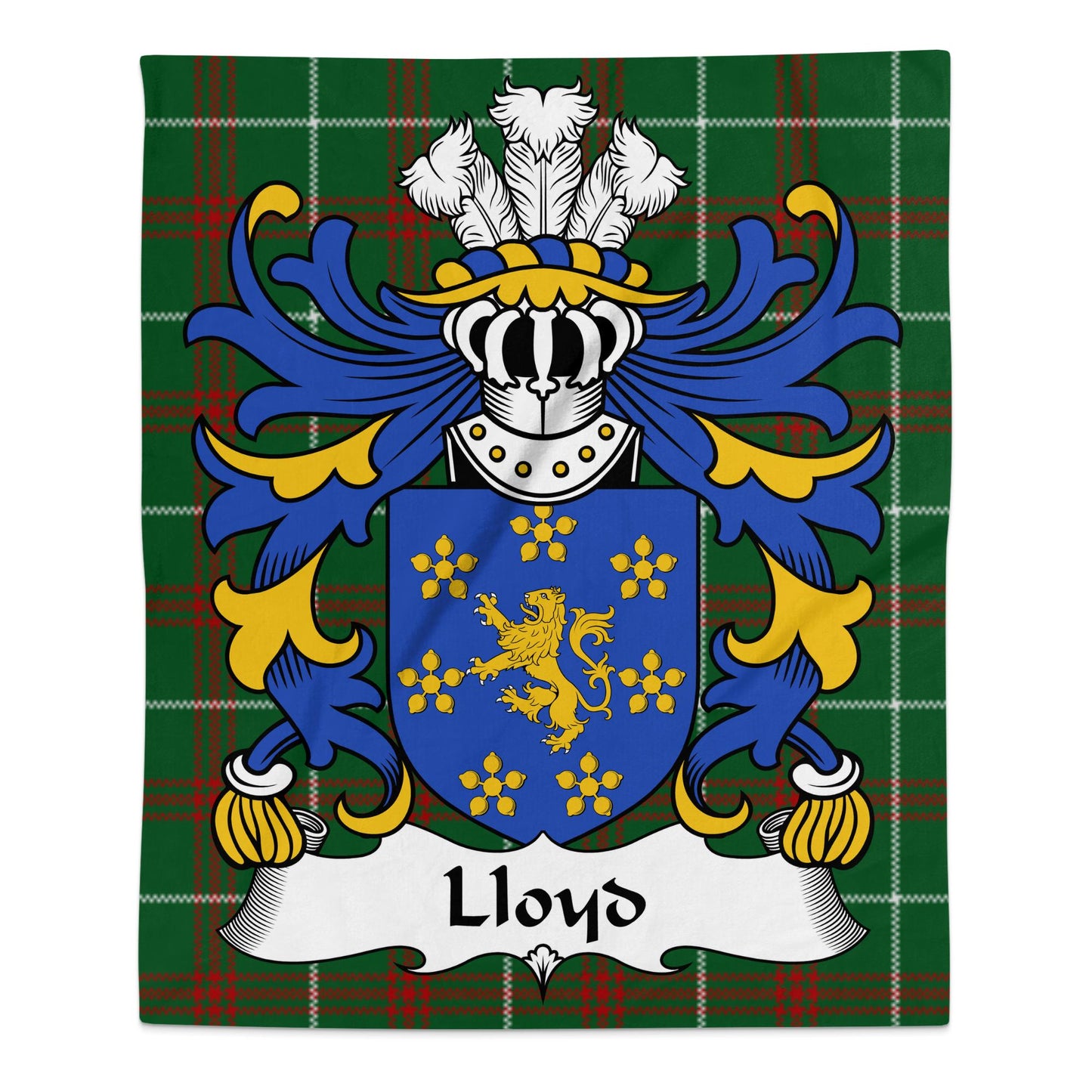 Lloyd Surname Coat of Arms on Welsh Tartan Background Blanket - Living Stone Gifts