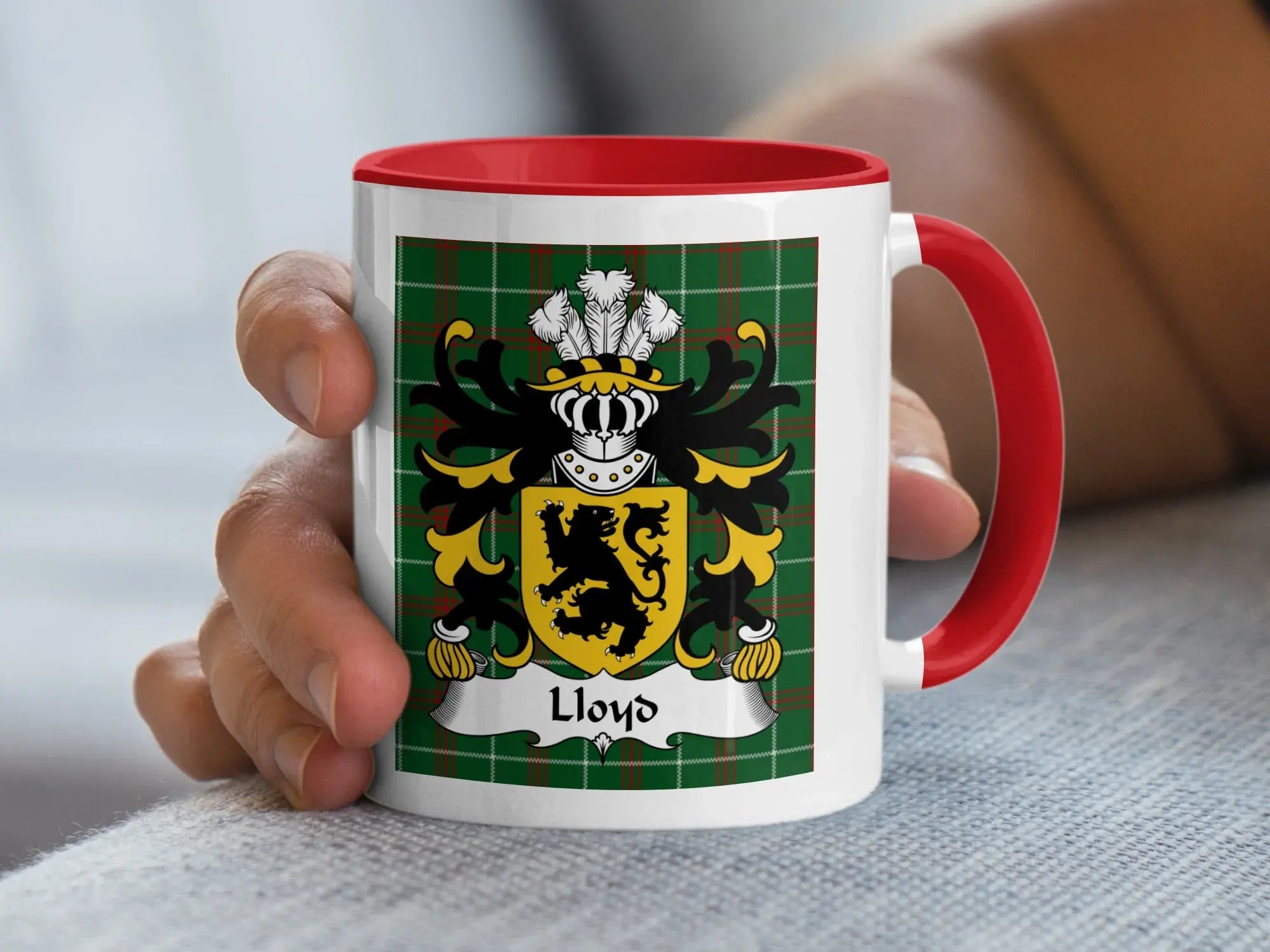 Lloyd Welsh tartan accent mug with red handle and family crest held in hand