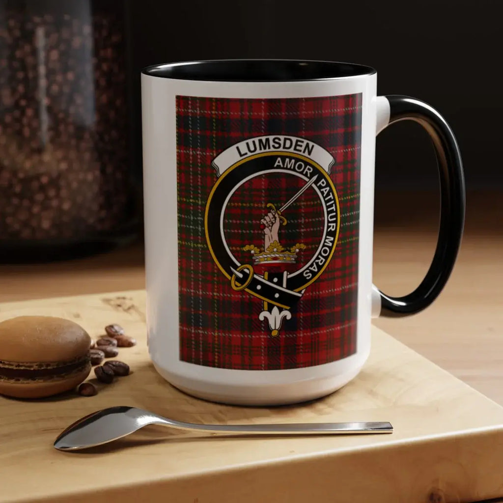 Clan Lumsden crest accent mug — 15 oz size and colour options, black, navy, red handle shown