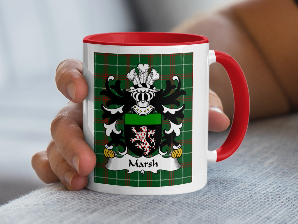 Marsh Welsh family crest mug on Welsh National Tartan