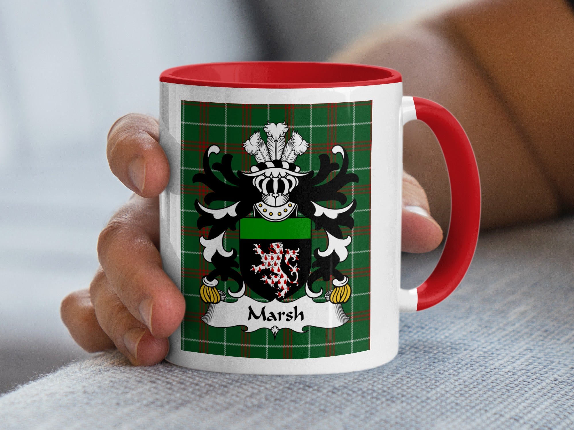 Marsh Welsh family crest mug on Welsh National Tartan