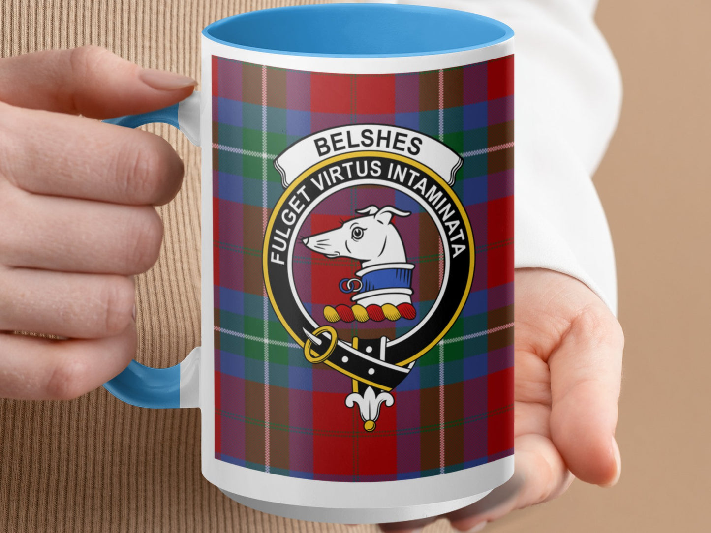 Clan Belsches Crest Emblem on Plaid Background Mug - Living Stone Gifts