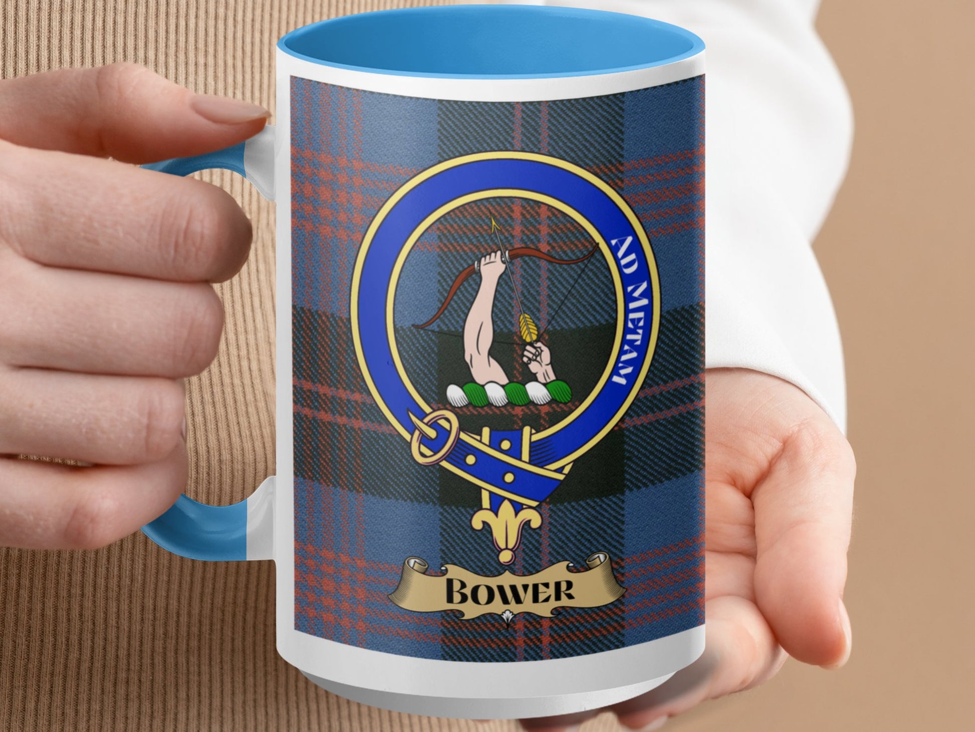 Bower Clan Coat Of Arms Design Blue Plaid Pattern Mug - Living Stone Gifts