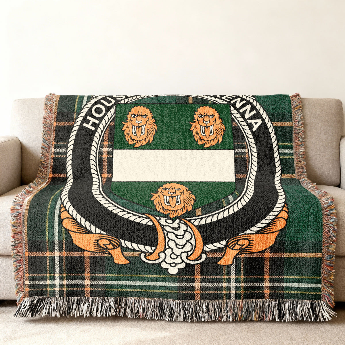 MacKenna Irish National Tartan woven blanket displayed on a sofa