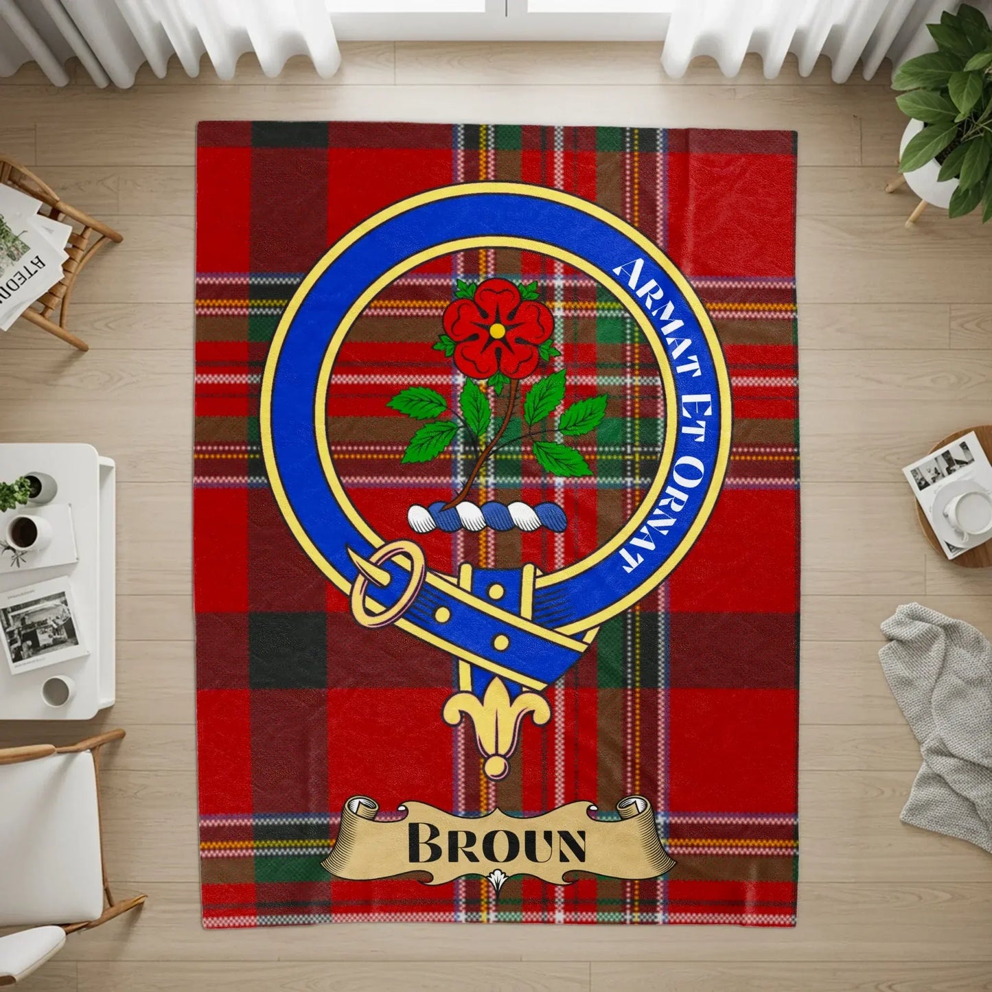 Red Plaid Tartan Blanket with Family Crest product