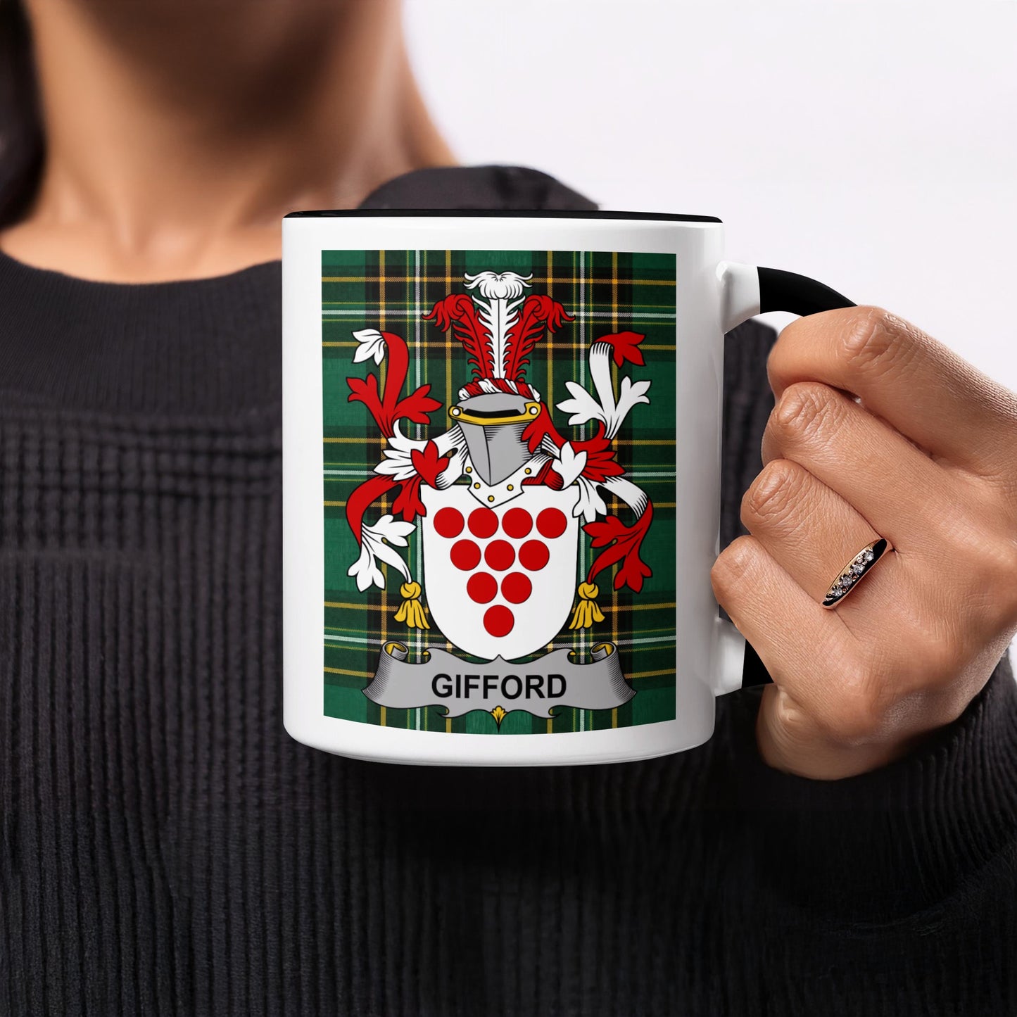 Gifford family crest on a white mug with a black handle.