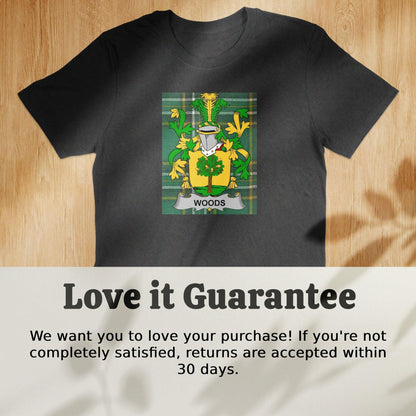Woods Family Coat of Arms Irish Tartan T-Shirt - Celtic Ancestry Gifts