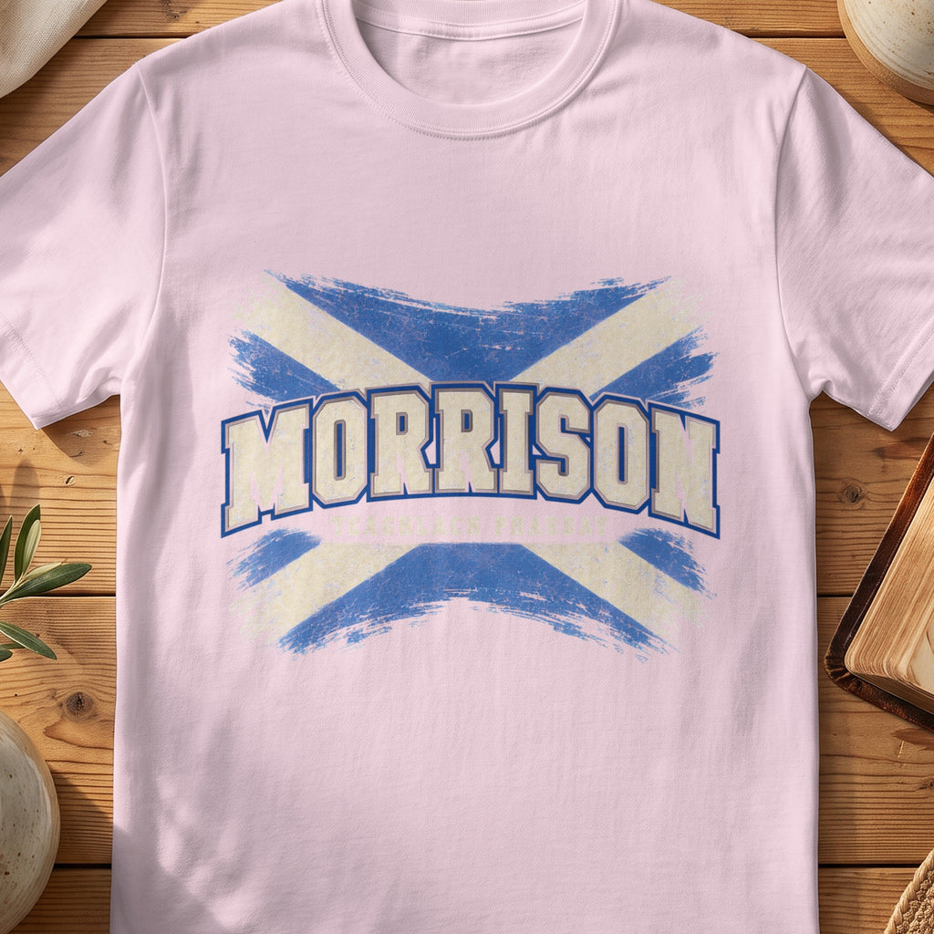 Morrison Scottish Saltire T-shirt in Light Pink, with distressed blue and cream flag and “Teaghlach Phabbay” lettering.