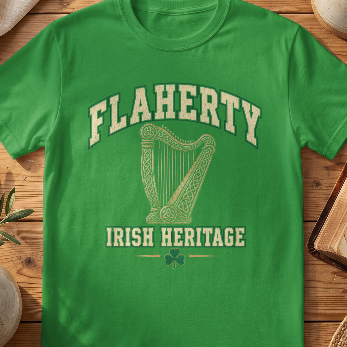 Flaherty Irish Heritage green Gildan 64000 T-shirt with Celtic harp design
