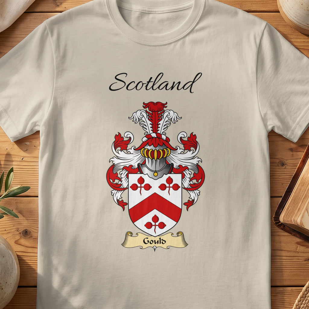 Sand Gould Scottish family shield T-shirt featuring a red chevron between red floral motifs