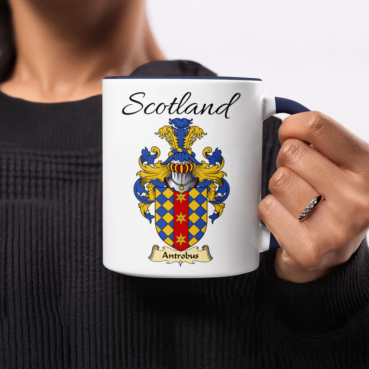Red-accent Antrobus Scottish family crest mugs with Scotland above the heraldic shield
