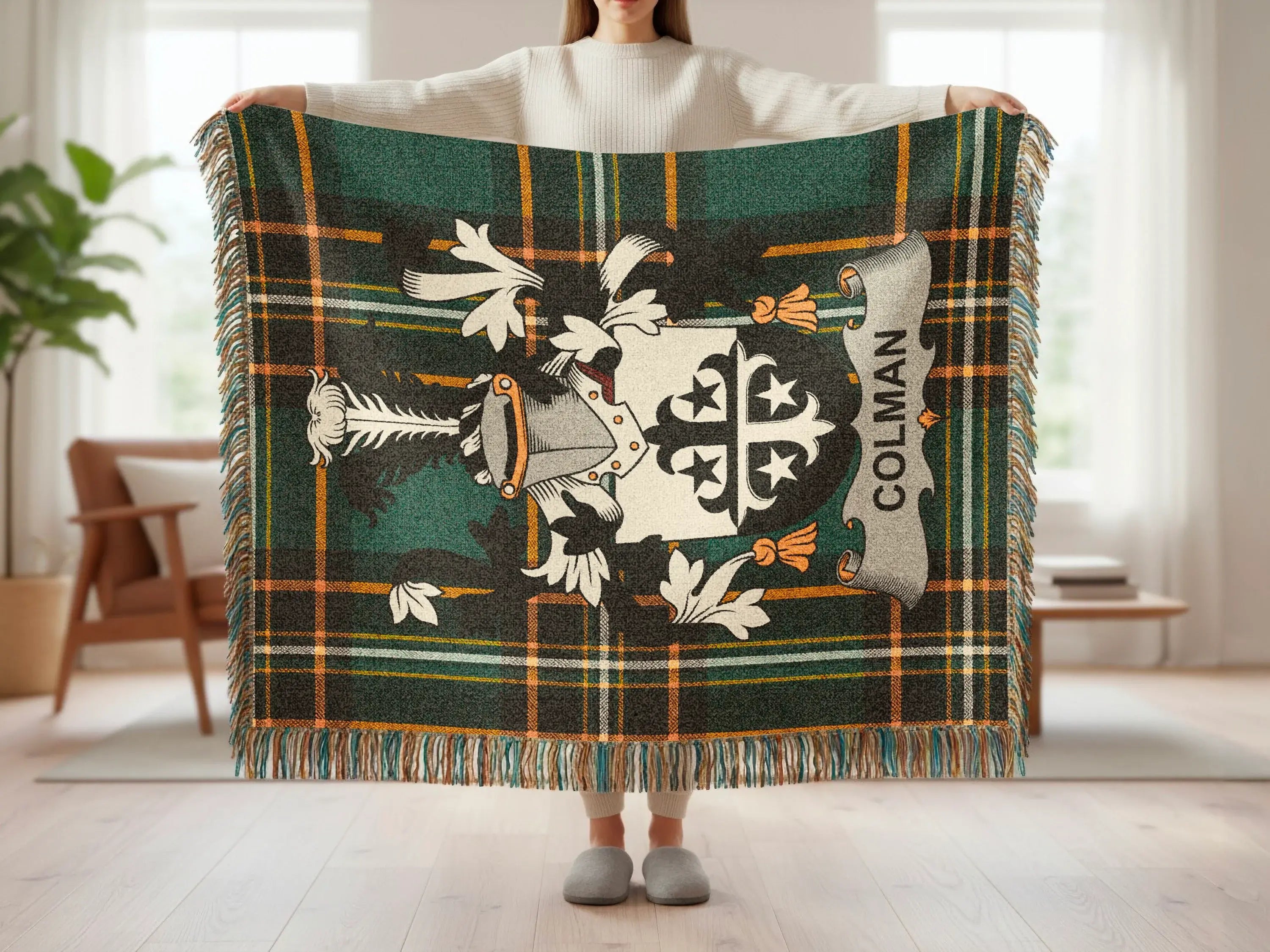 Colman Plaid Family Crest Design Green Orange Blanket