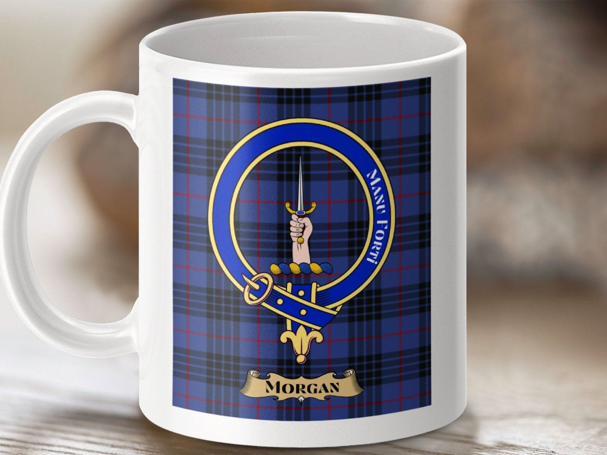 Morgan Crest Design Mug with Blue Tartan Pattern product