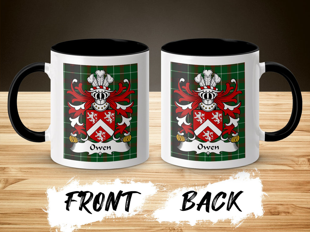 Owen Welsh surname coffee mug front and back with family crest on black handled mug