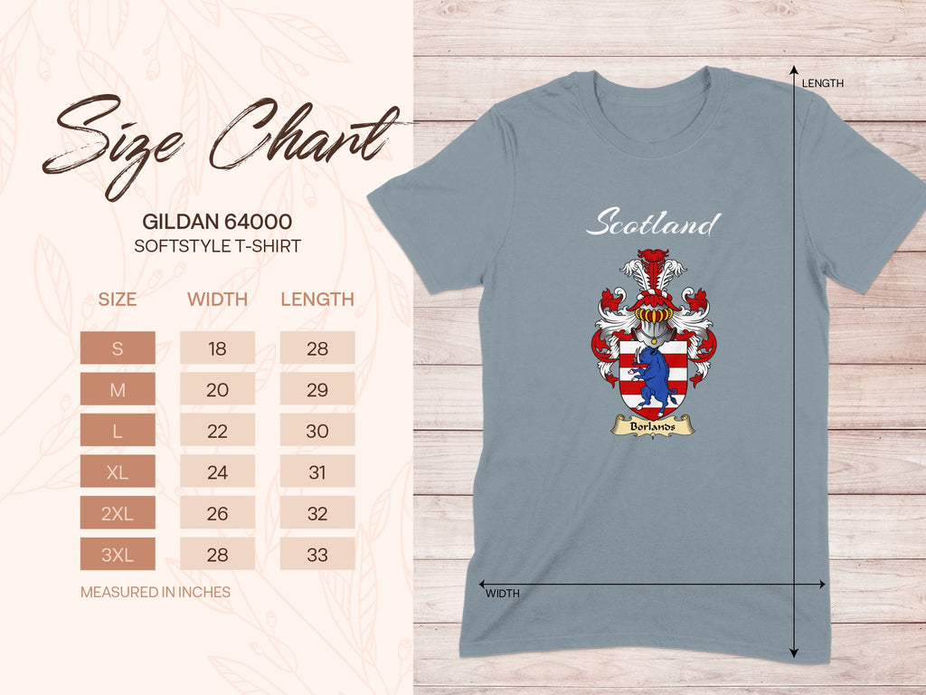 Gildan 64000 size chart for Borlands Scottish family shield T-shirt