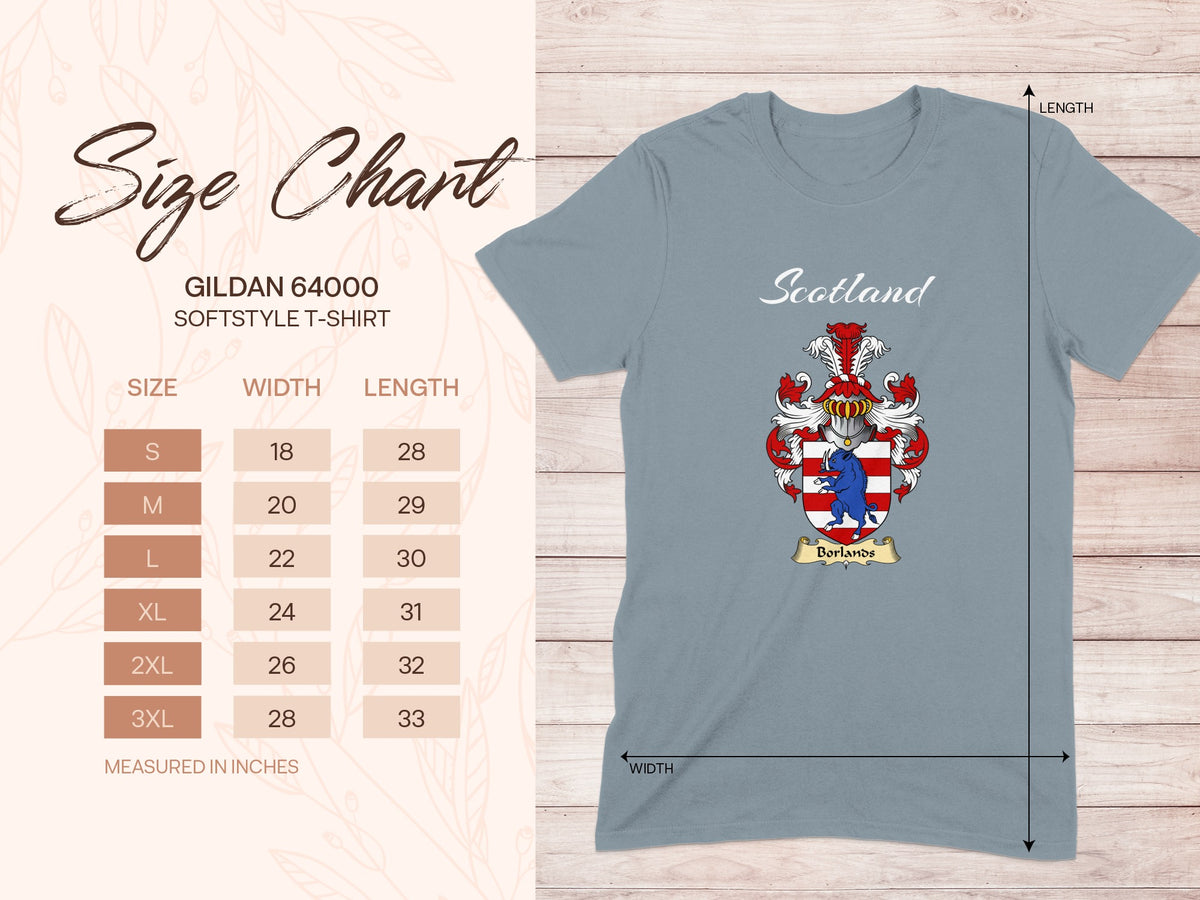 Gildan 64000 size chart for Borlands Scottish family shield T-shirt