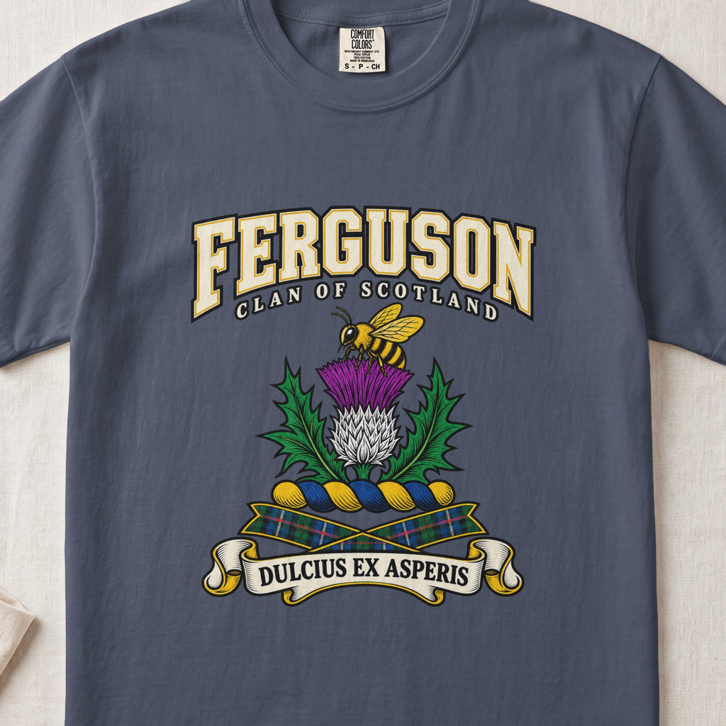 Ferguson graphic T-shirt in Midnight blue, front flat lay showing varsity lettering and yellow and black bee above a purple and white thistle.