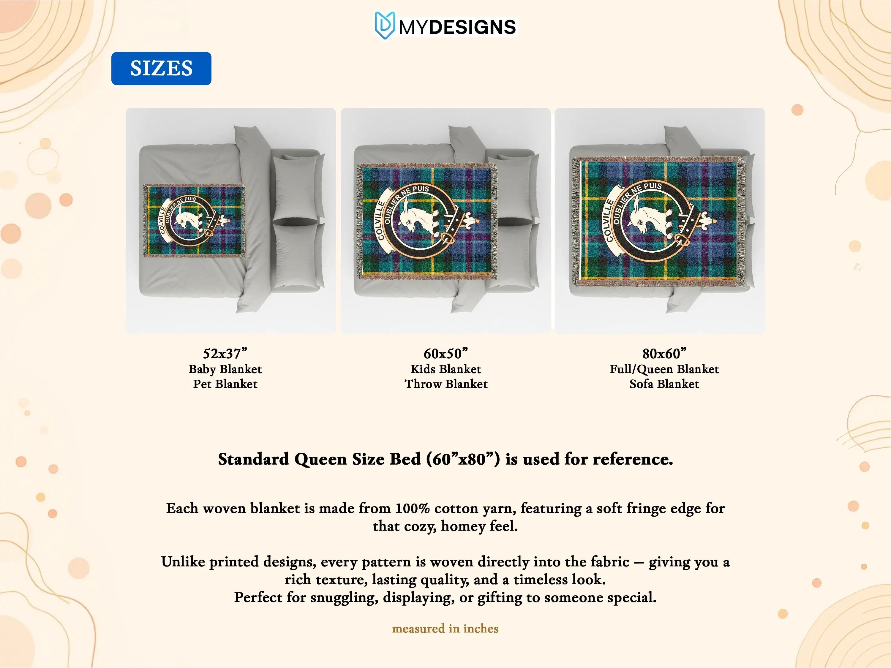 Scottish woven blanket size guide for all three available sizes
