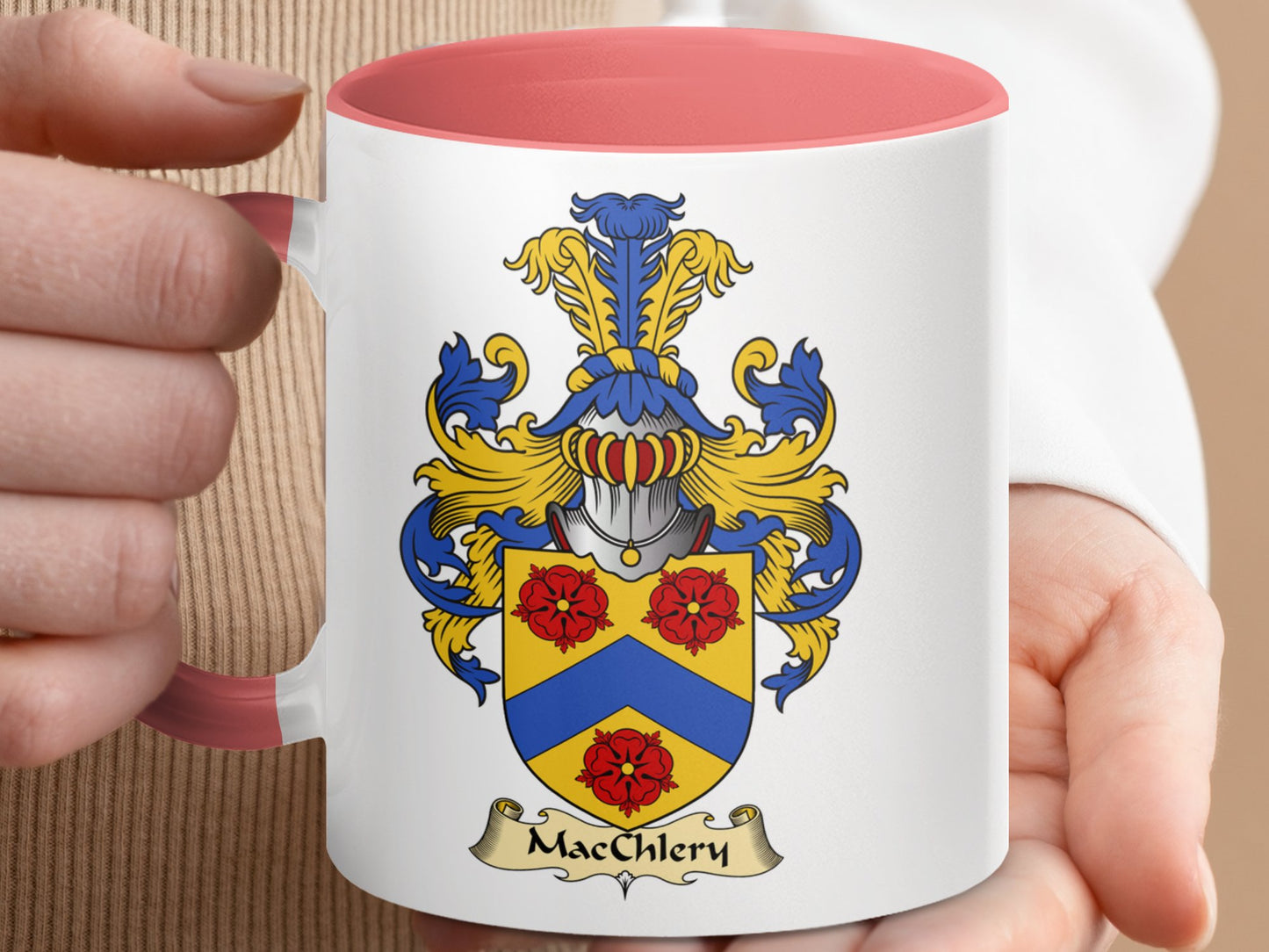 MacChlery Family Crest with Roses and Chevron Mug - Living Stone Gifts