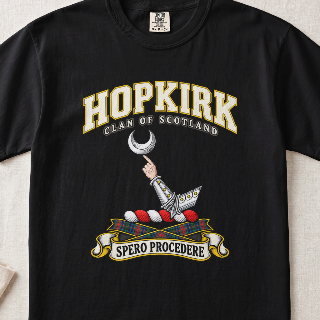 Hopkirk Scottish clan T-shirt in Black, front view with an armoured arm holding a silver crescent and motto banner.