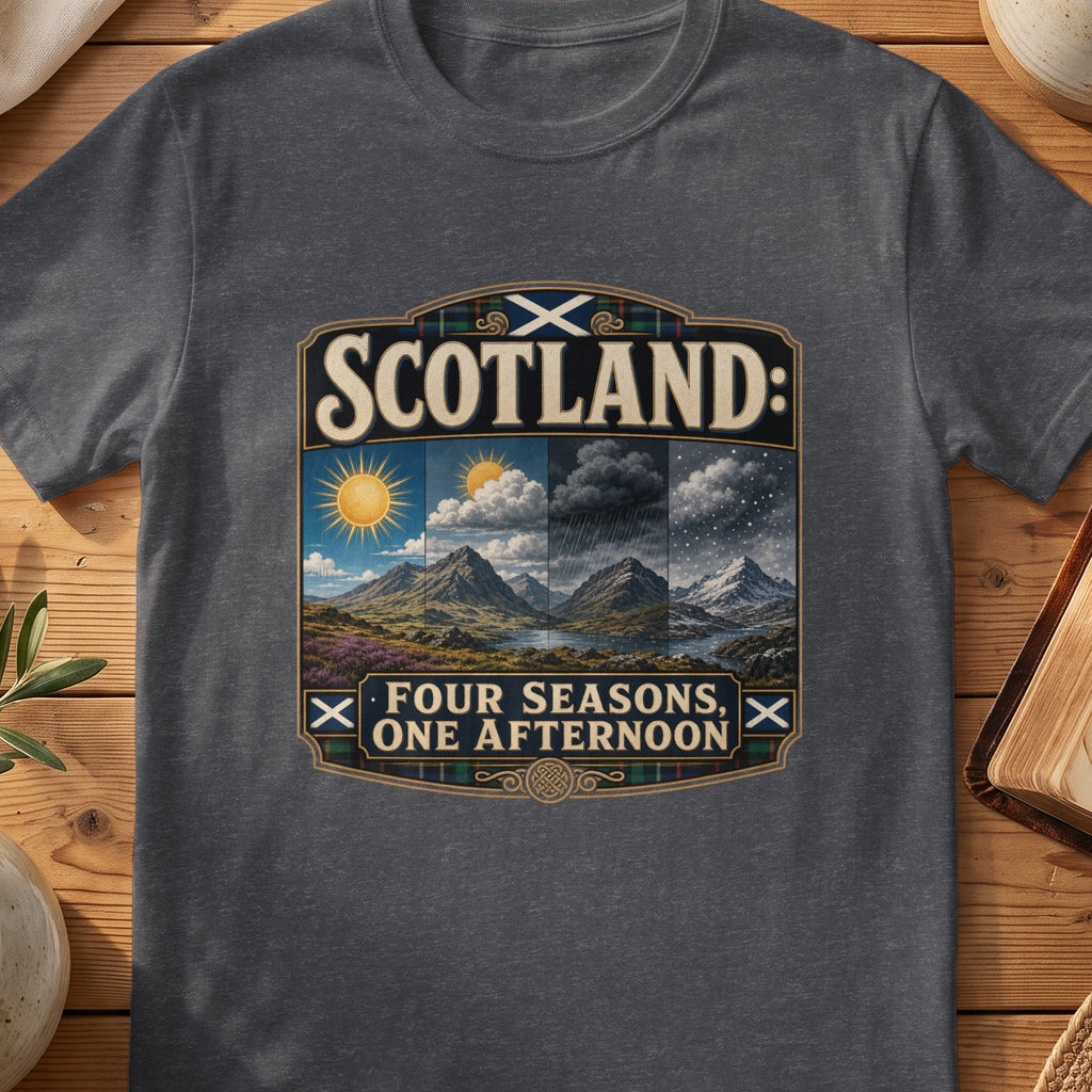 Dark grey Gildan 64000 unisex T-shirt flatlay with Scotland Four Seasons One Afternoon Scottish graphic design