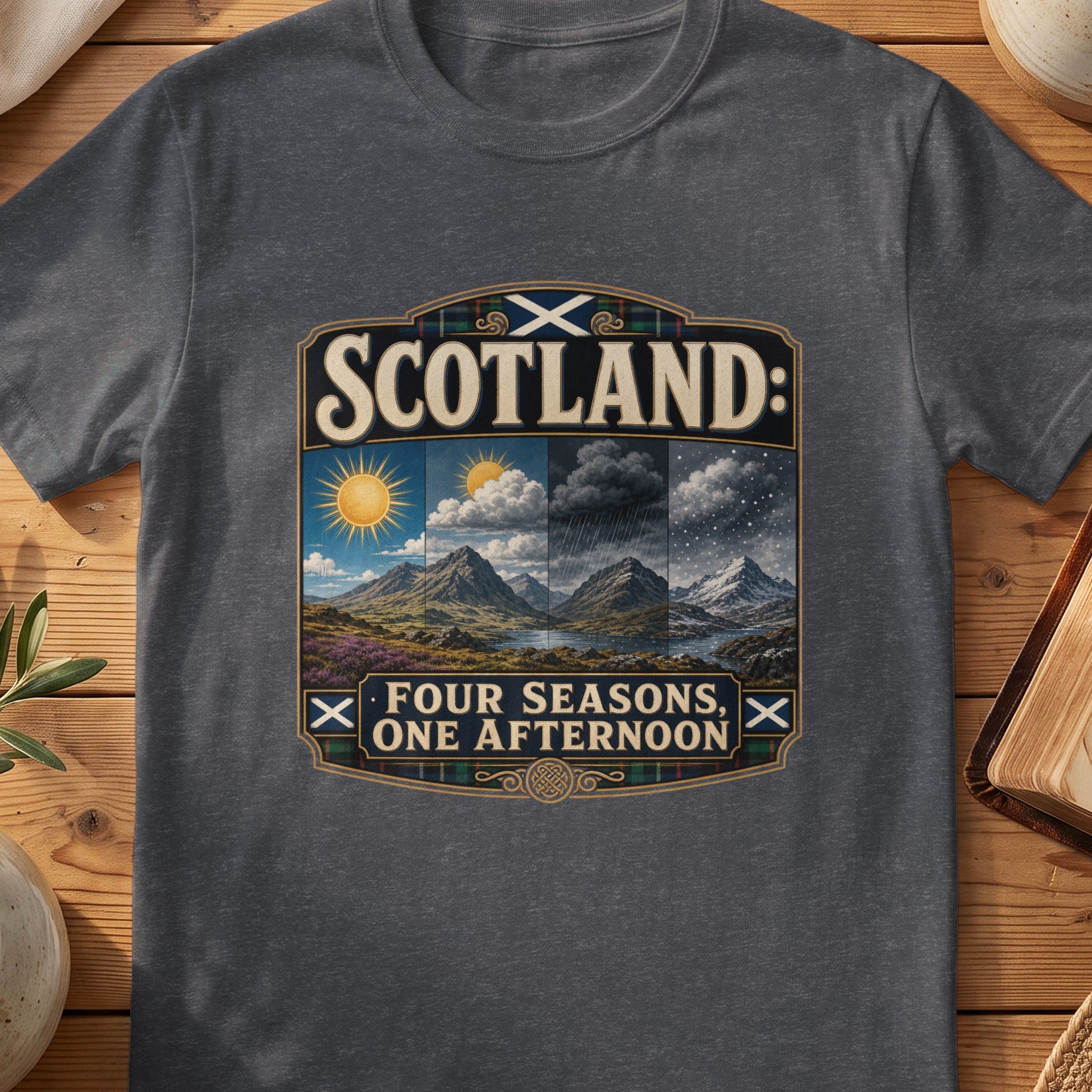 Dark grey Gildan 64000 unisex T-shirt flatlay with Scotland Four Seasons One Afternoon Scottish graphic design