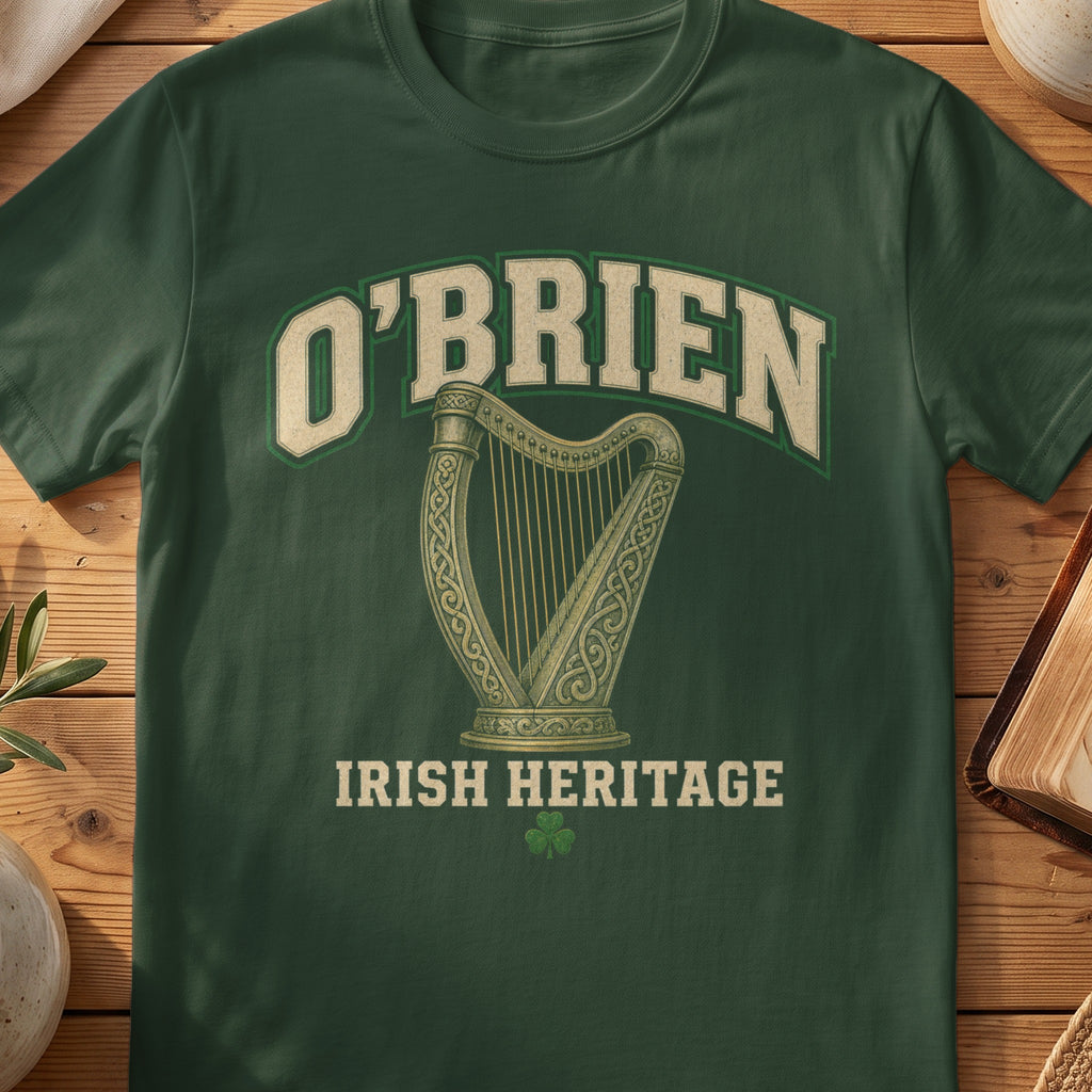 O'Brien Irish harp T-shirt in Forest Green, with cream surname lettering, a gold-toned harp, green shamrock and “Irish Heritage” text.