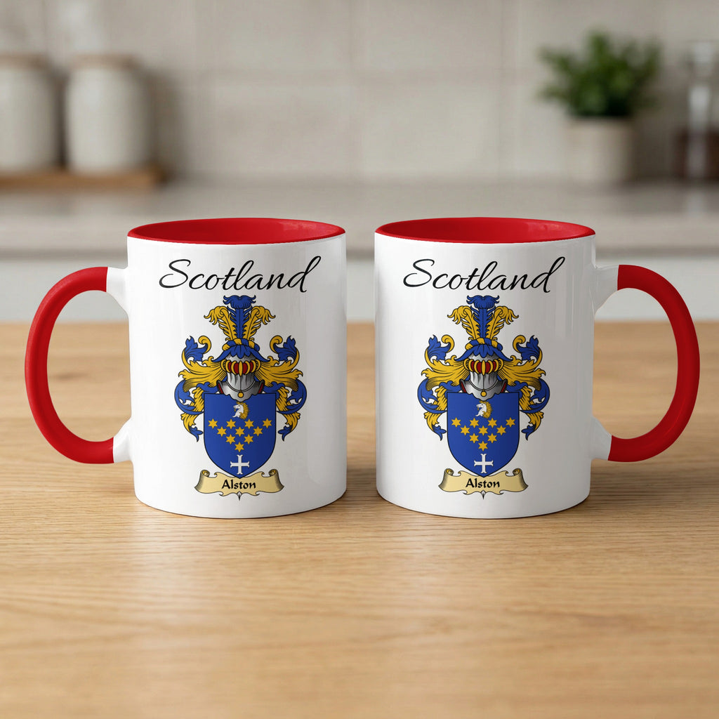 Alston 11 oz Scottish family crest ceramic mug with a Scotland-topped heraldic emblem
