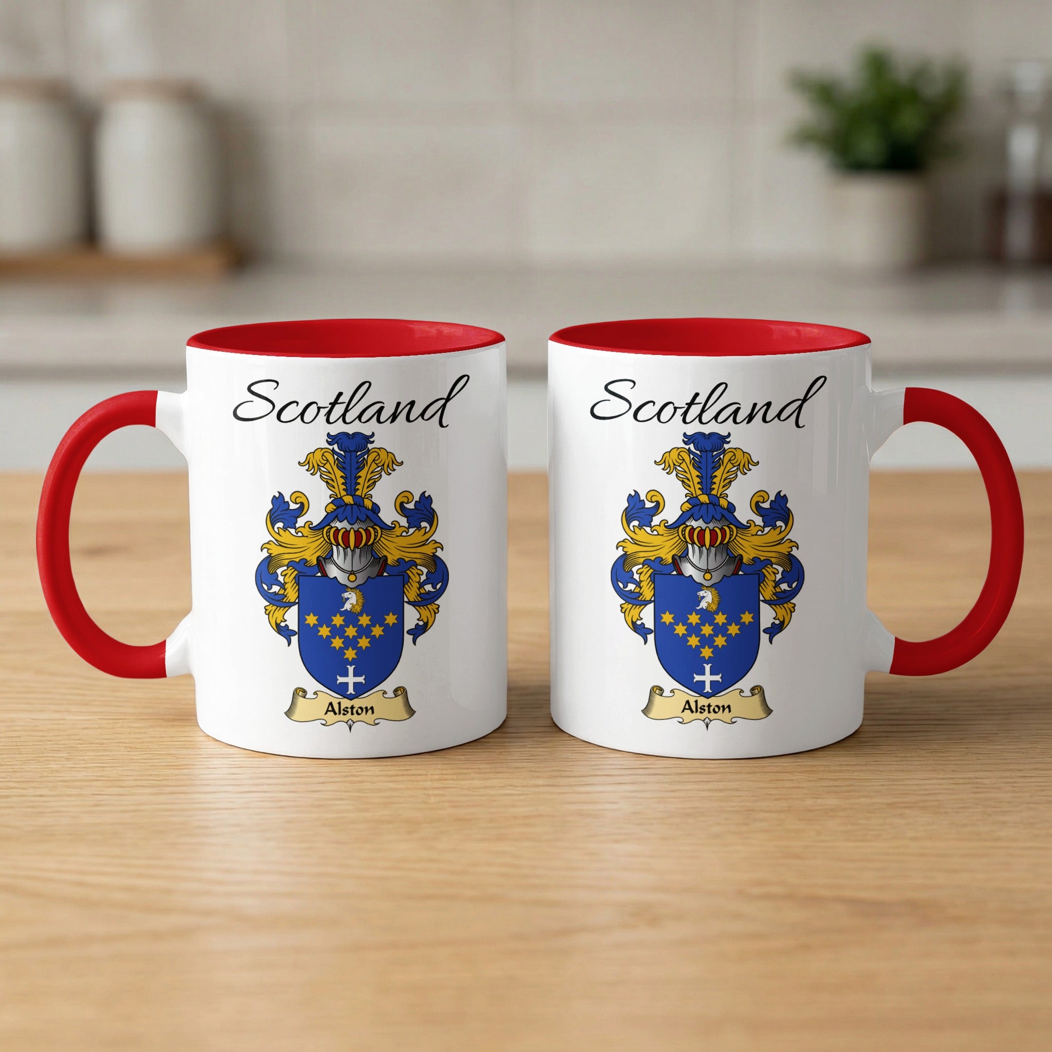Alston 11 oz Scottish family crest ceramic mug with a Scotland-topped heraldic emblem