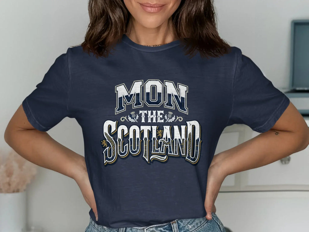 Navy t-shirt with "MON THE SCOTLAND" text in white and gold lettering.