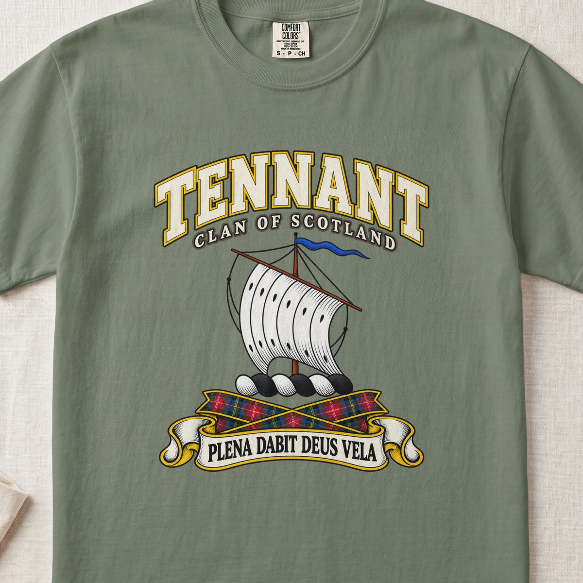 Tennant Scottish clan T-shirt in Moss, front view with a white sail and blue pennant and motto design.