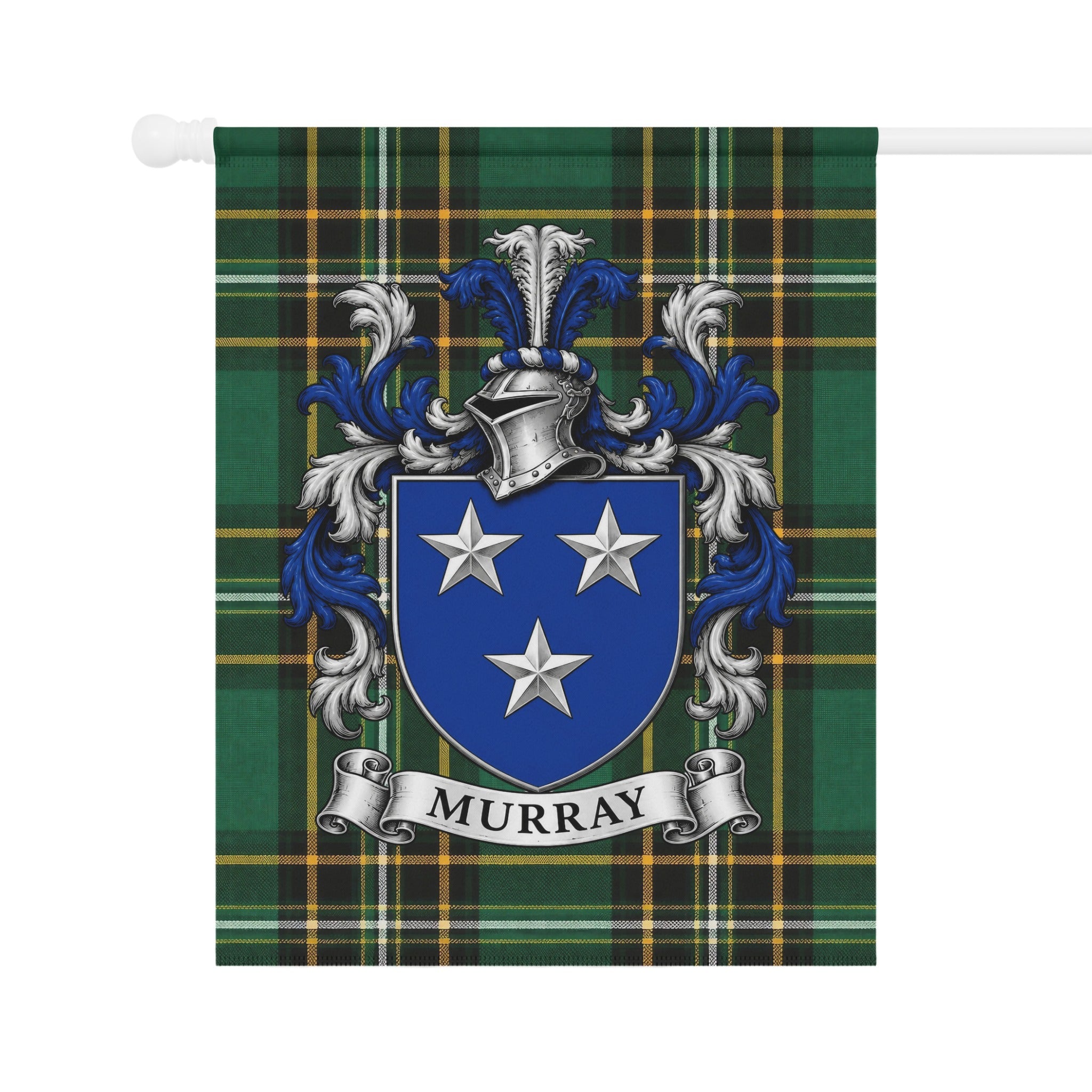 Murray family crest flag with Irish National Tartan heritage design