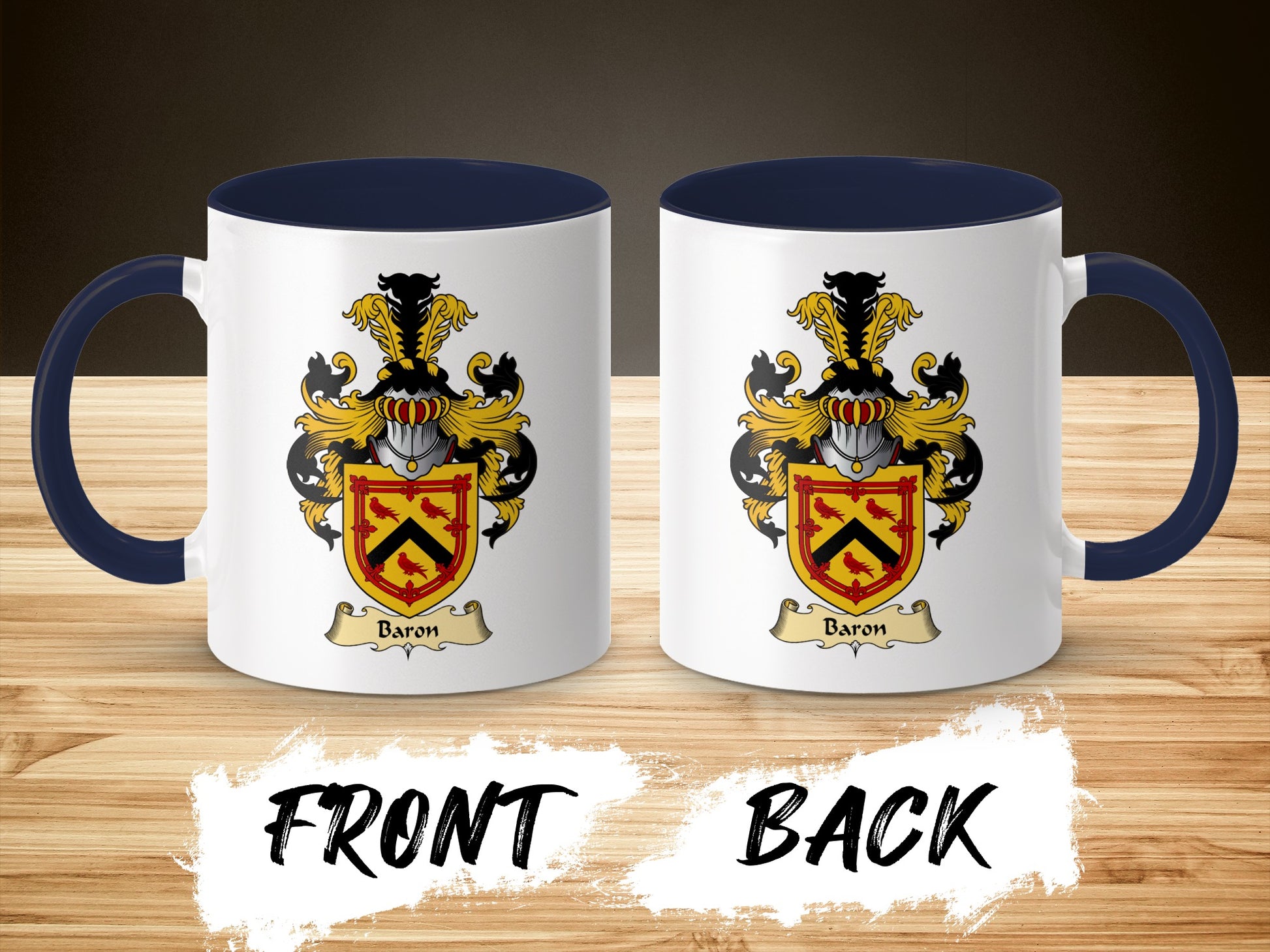 White mug with navy handle, featuring the Baron coat of arms on front and back.