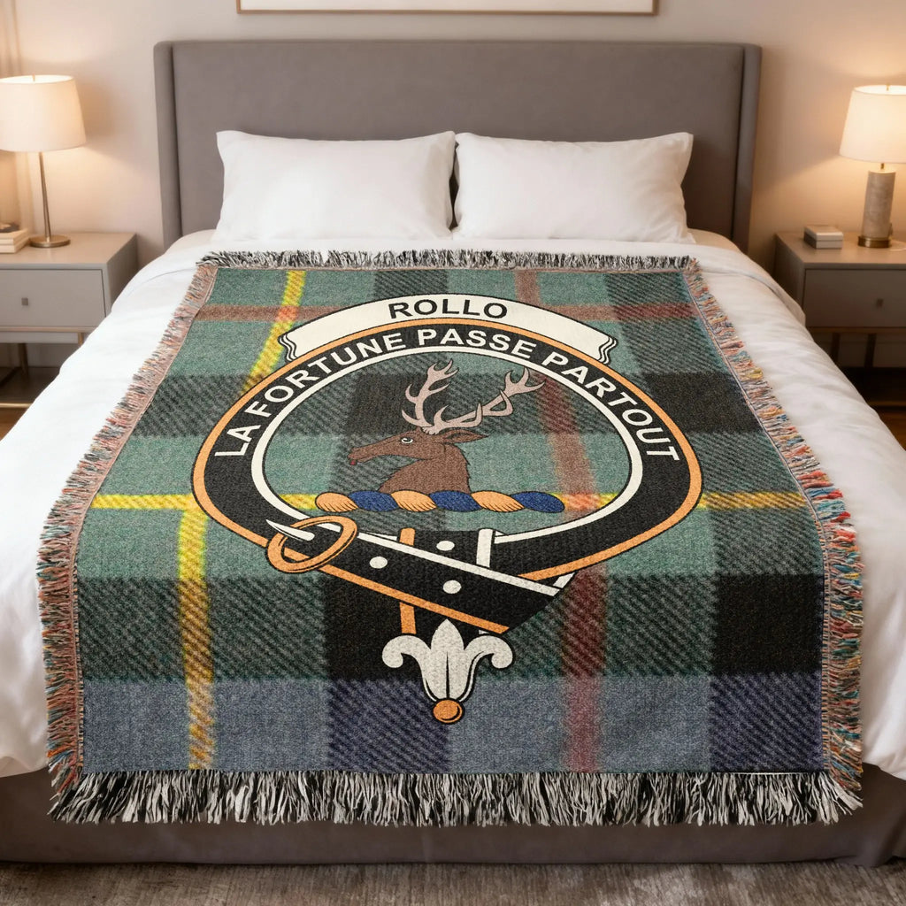 Clan Rollo La Fortune Passe Partout woven tartan blanket — crest in full colour, fringe border, 60" x 50"