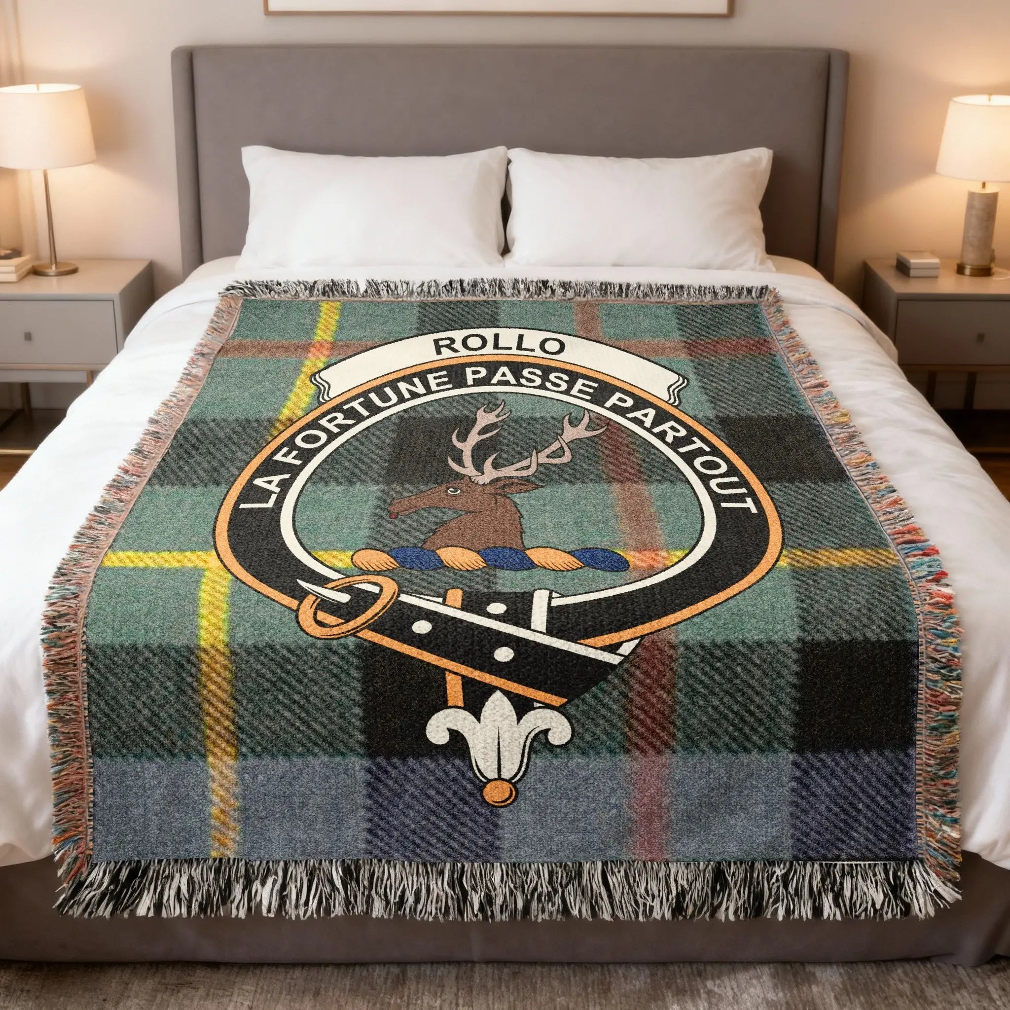 Clan Rollo La Fortune Passe Partout woven tartan blanket — crest in full colour, fringe border, 60" x 50"