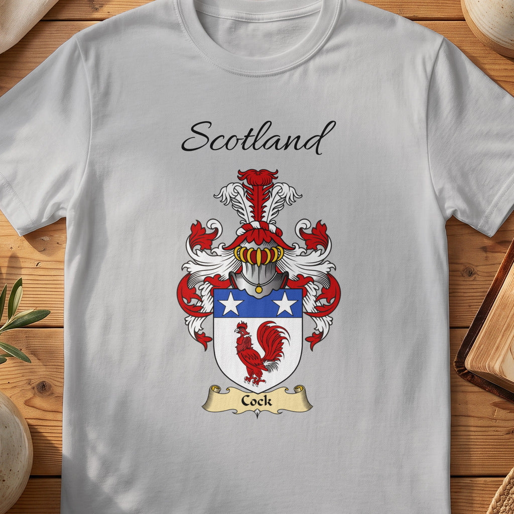 Sport Grey Cock Scottish family shield T-shirt featuring a red cockerel beneath white stars on blue