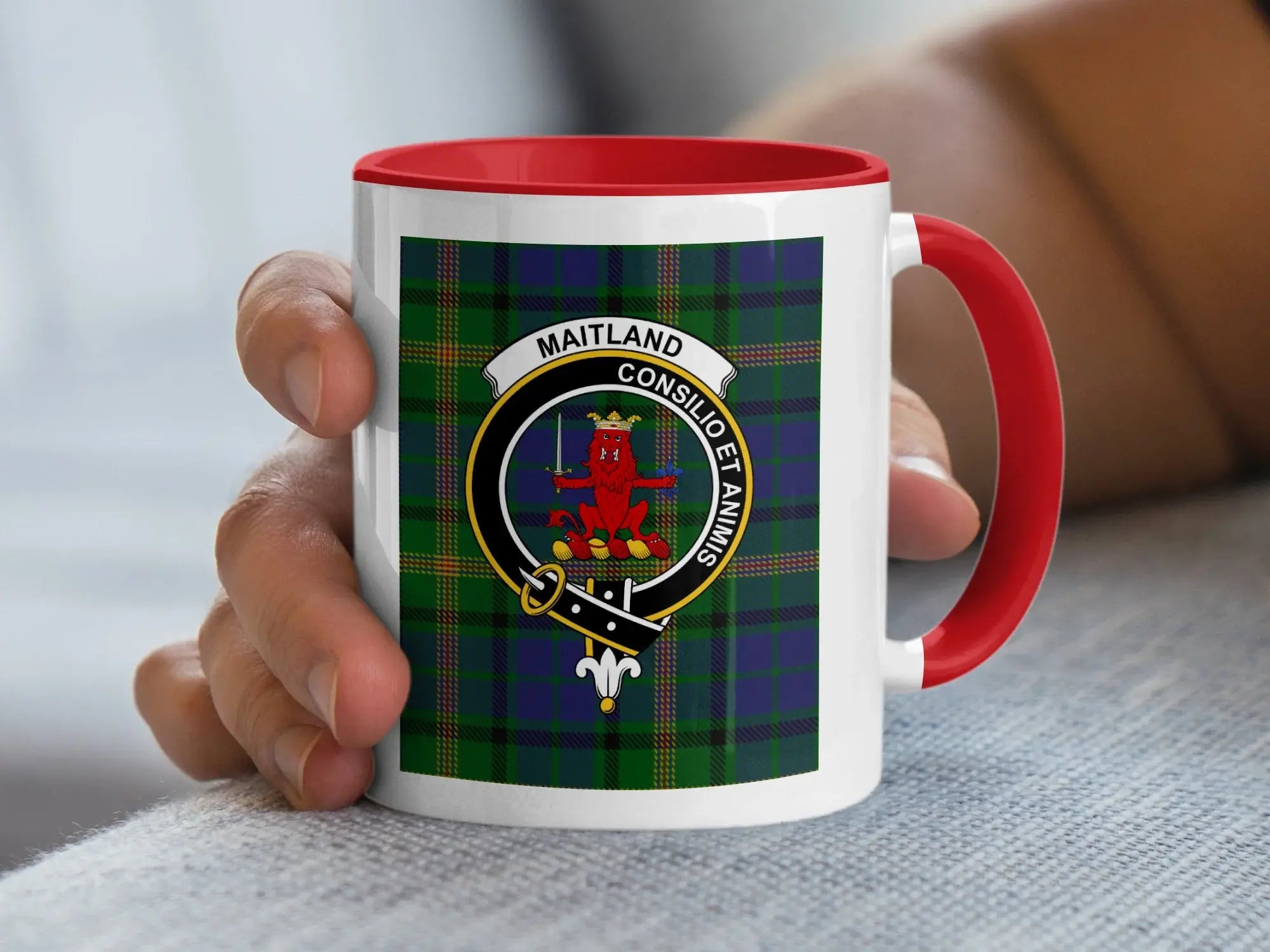 Clan Maitland Consilio et Animis mug — 11oz with red handle and white interior accent ceramic