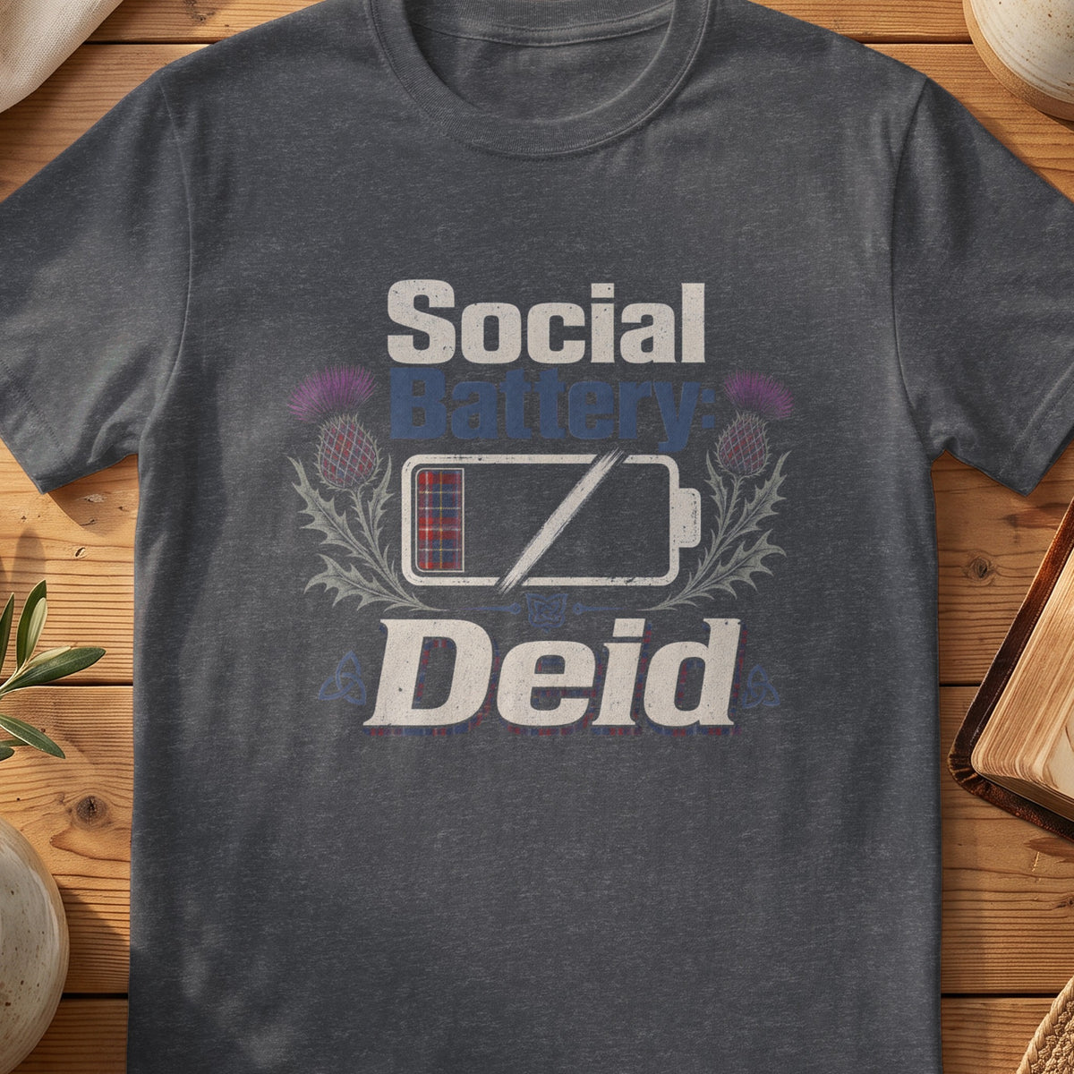 Dark grey Gildan 64000 unisex T-shirt flatlay with Social Battery Deid Scottish graphic design