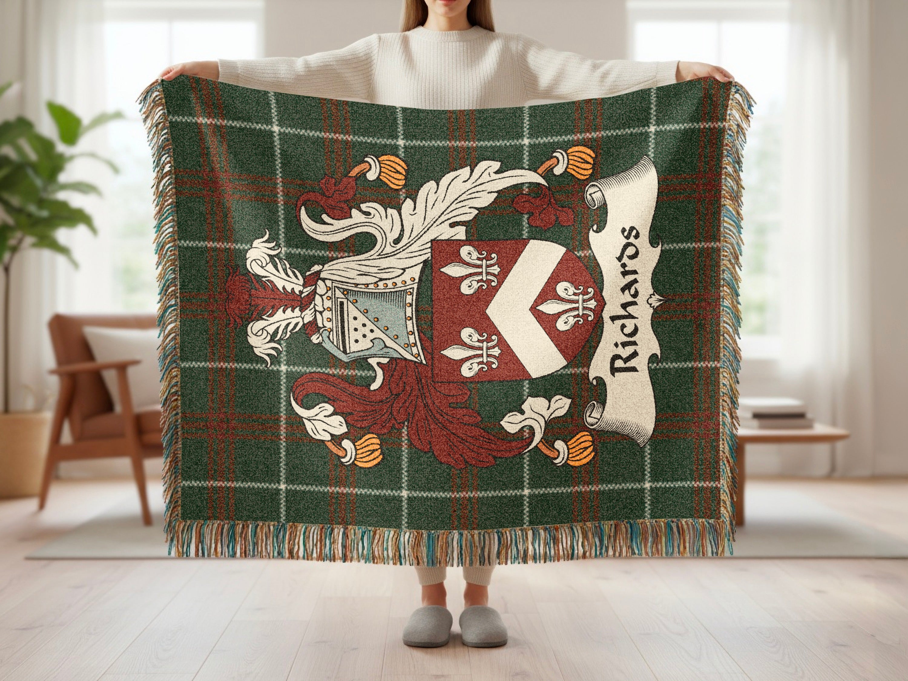 Green plaid blanket with family crest and "Richards" name.
