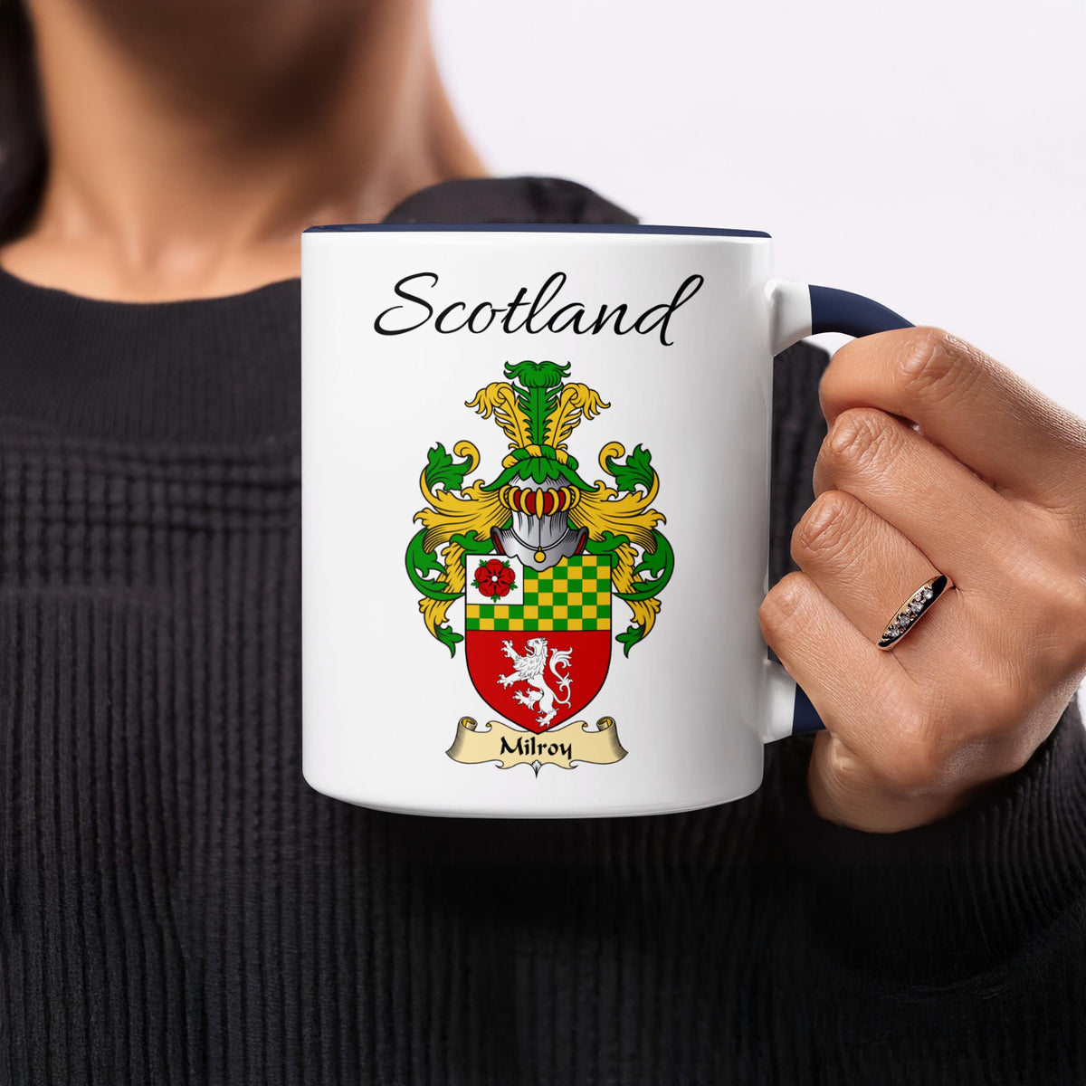 Milroy 11 oz Scottish family crest ceramic mug showing a Scotland-topped heraldic emblem
