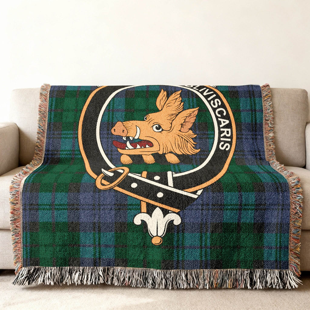 Campbell tartan woven blanket with fringe edge — boar's head crest visible, 60x50 size