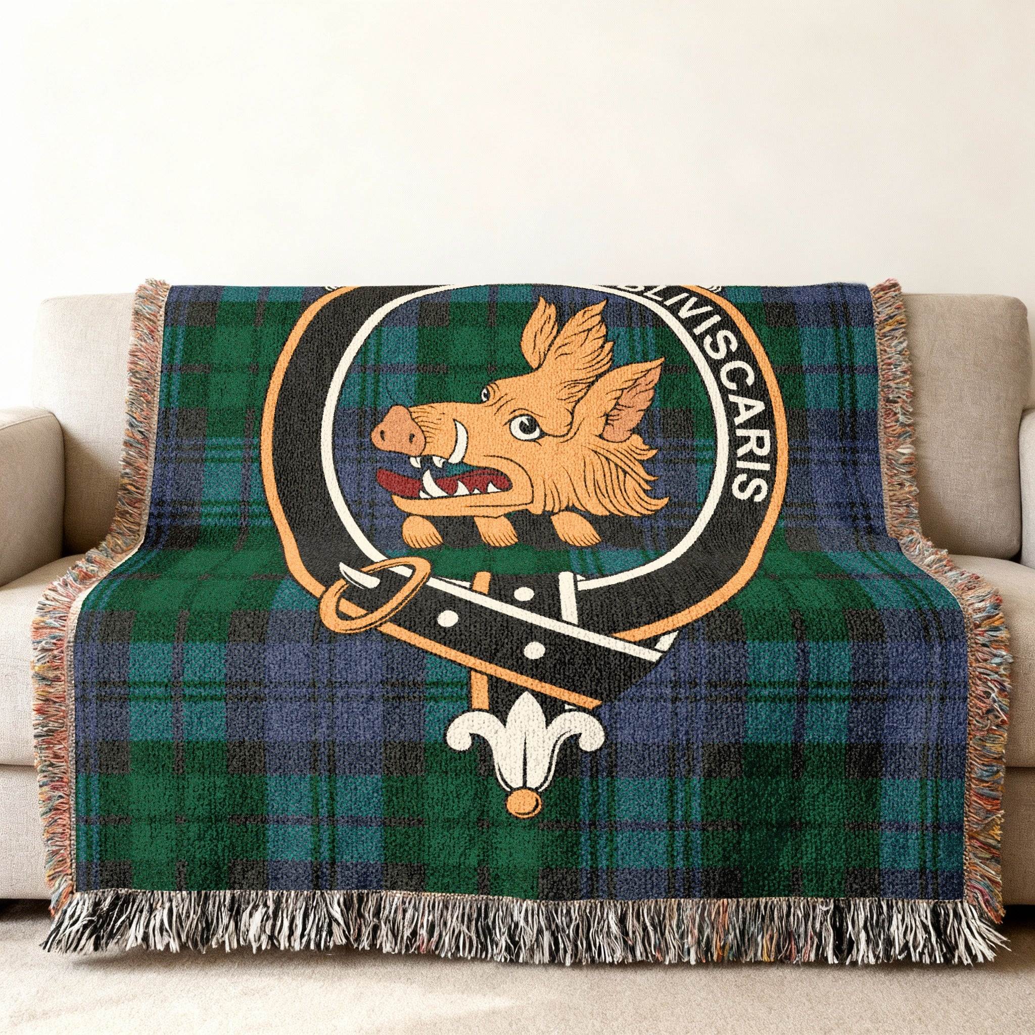 Campbell tartan woven blanket with fringe edge — boar's head crest visible, 60x50 size