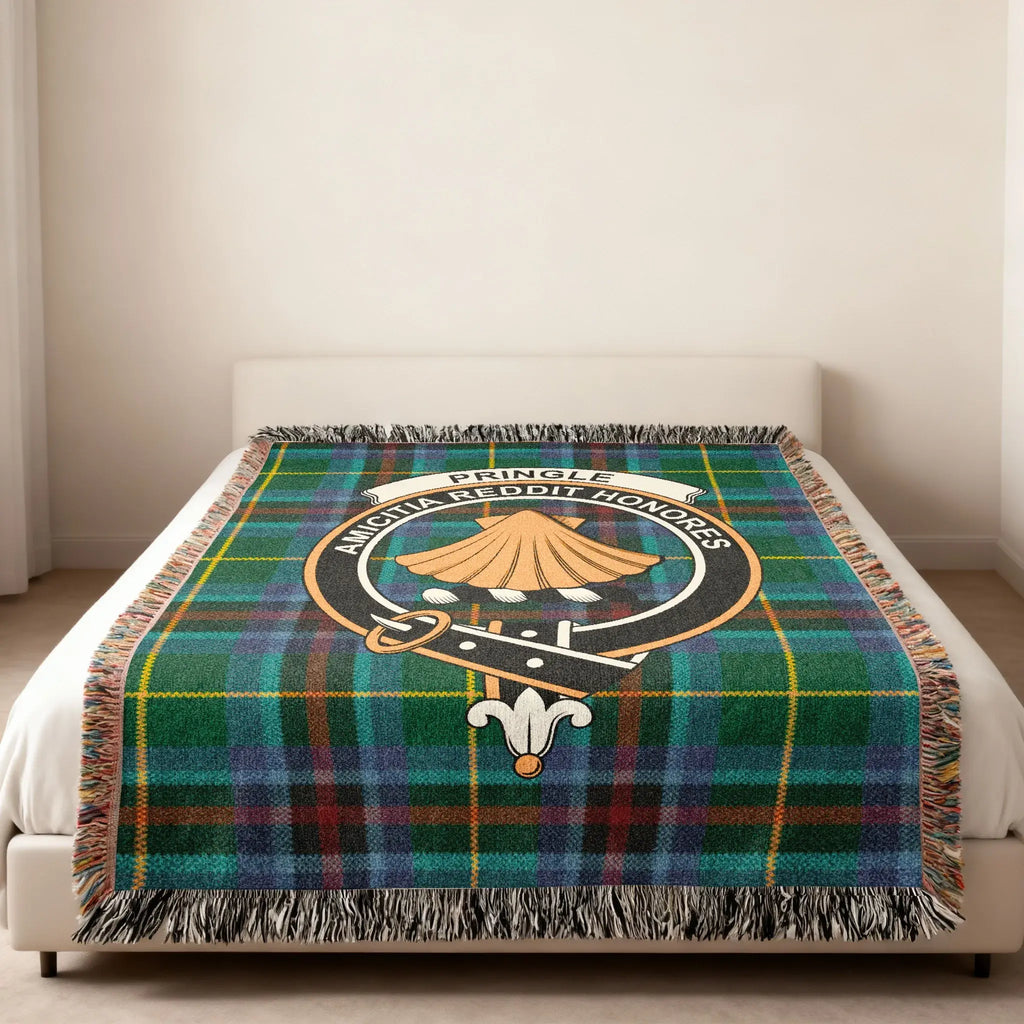Clan Pringle Amicitia Reddit Honores woven blanket with crest design — heirloom quality