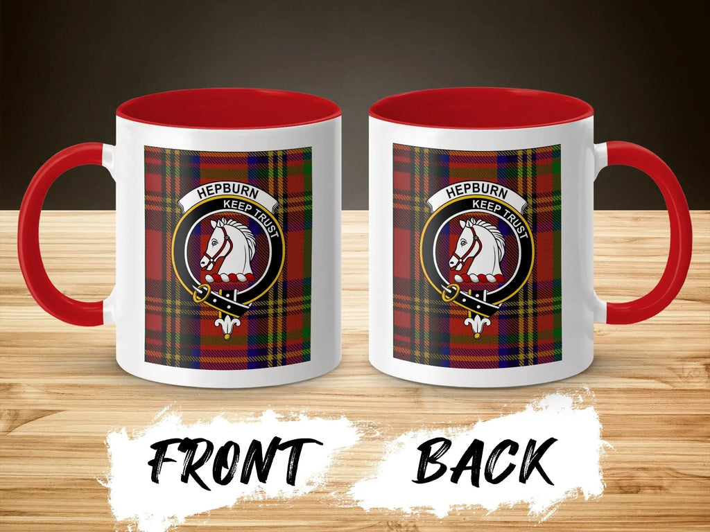 Hepburn tartan clan crest mug with red handle — horse heraldic design on white ceramic
