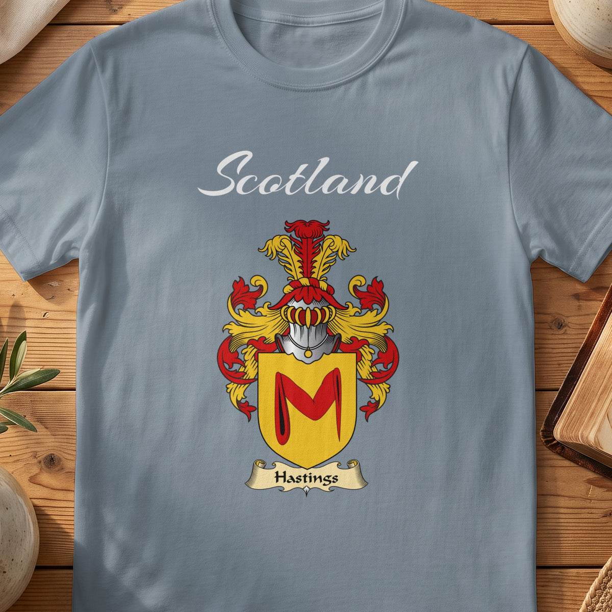 Hastings Scottish family shield T-shirt in Stone Blue