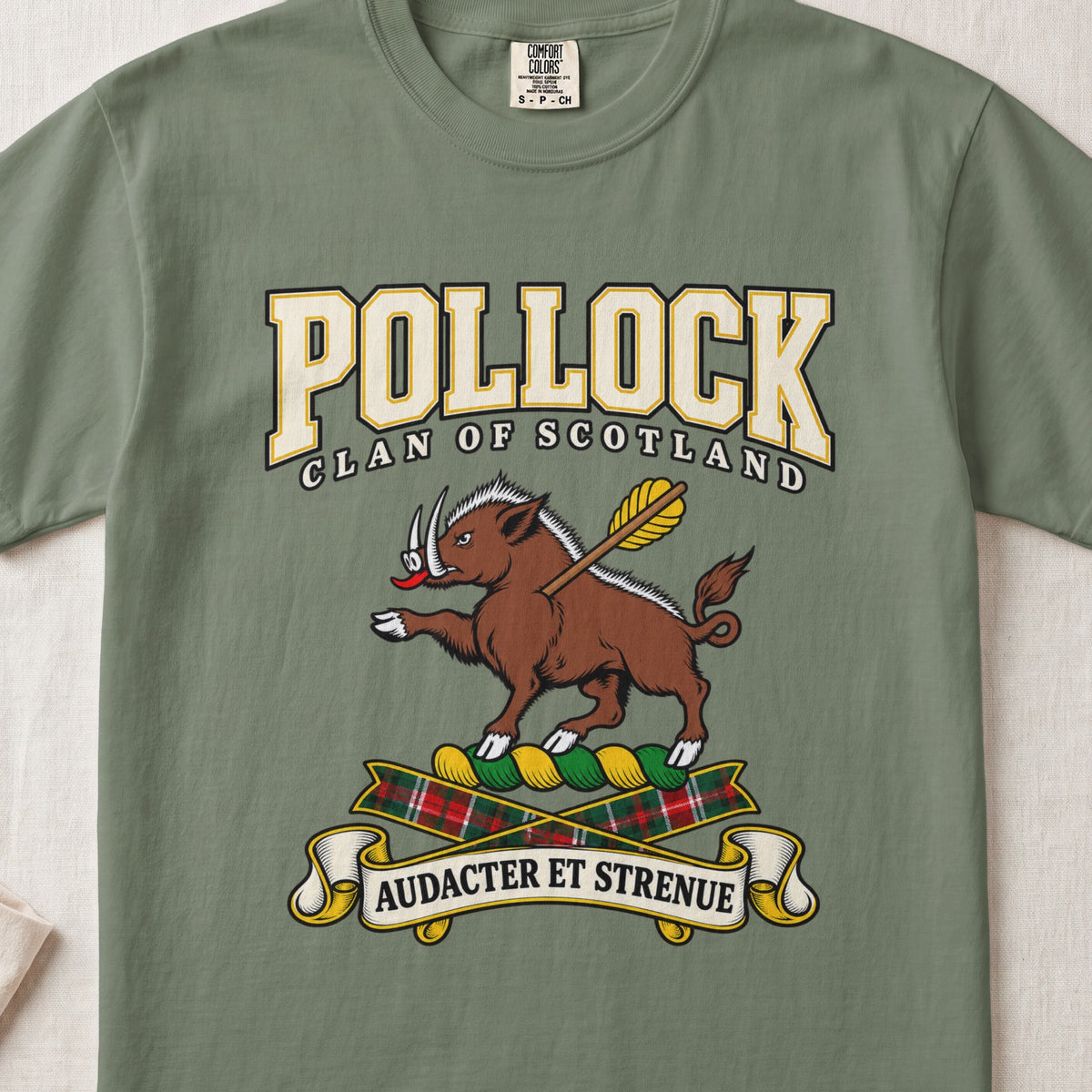 Pollock Scottish clan graphic T-shirt in Moss, front view